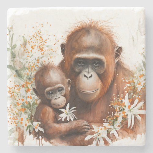 Moneky and Baby Watercolor Stone Coaster