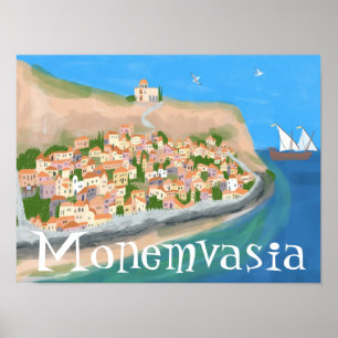 MONEMVASIA GREECE Island Art Travel Illustration Poster