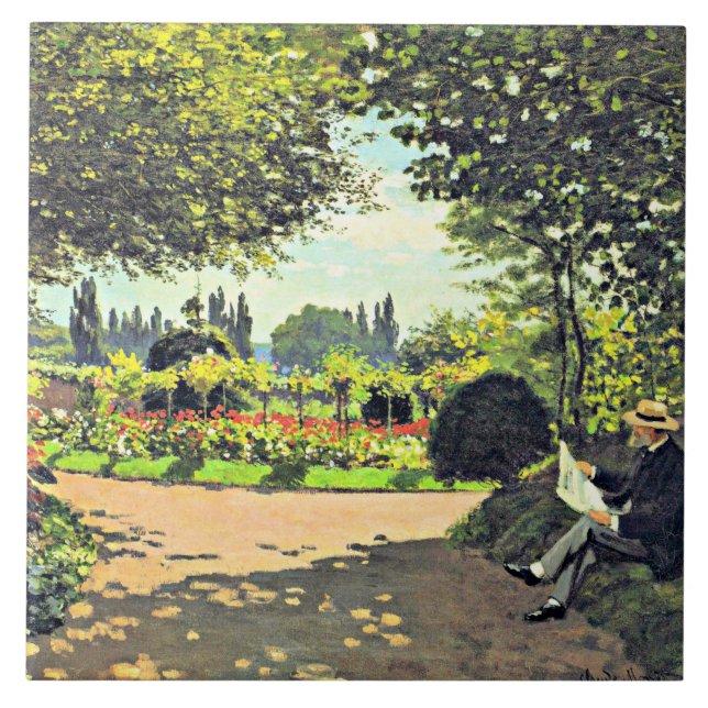Monet - Adolphe Monet Reading in the Garden Ceramic Tile (Front)