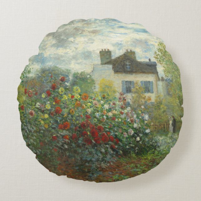 Monet Artists Garden in Argenteuil Painting Round Pillow (Front)