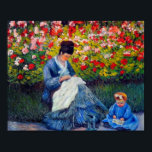 Monet Camille and Child in Artist's Garden  Poster<br><div class="desc">Poster featuring Claude Monet’s oil painting Camille Monet and a Child in the Artist’s Garden in Argenteuil (1875). A woman and kid dressed in blue sew and read in a garden of red and white flowers. A great Monet gift for fans of impressionism and French art.</div>