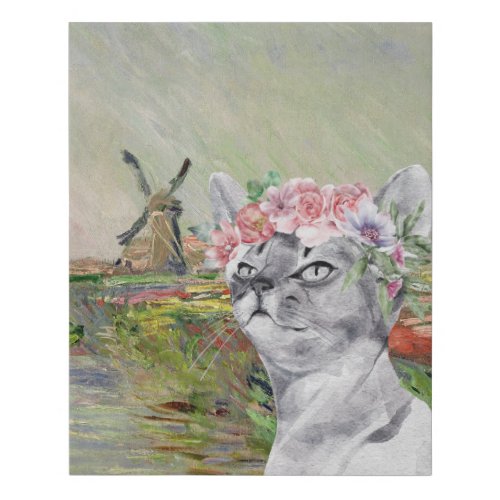 Monet Champ Tulipes and Fancy Cat Faux Canvas Print