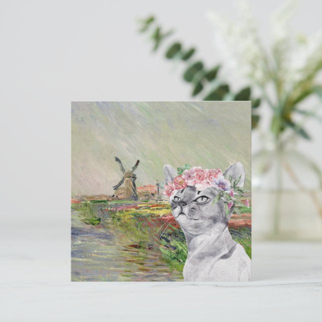 Monet Champ Tulipes and Fancy Cat Flat Card (Standing Front)