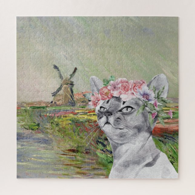 Monet Champ Tulipes and Fancy Cat Jigsaw Puzzle (Vertical)