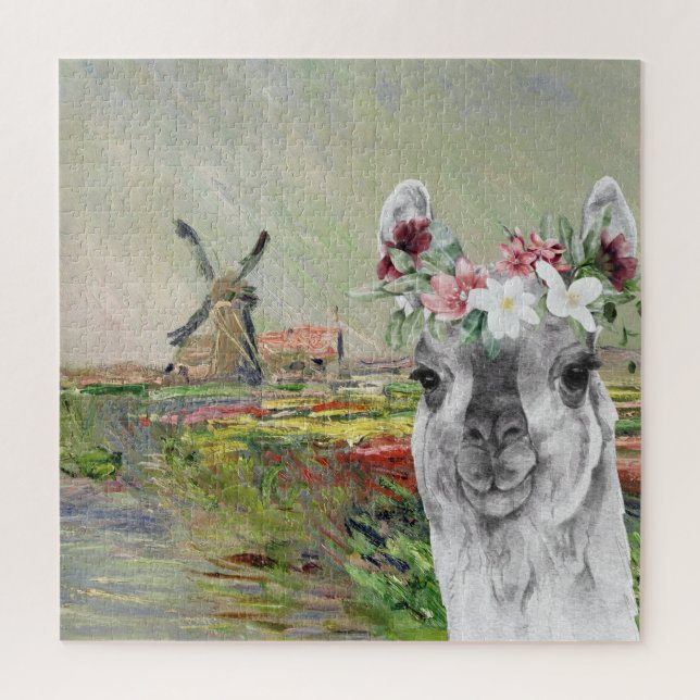 Monet Champ Tulipes and Fancy Llama Jigsaw Puzzle (Vertical)