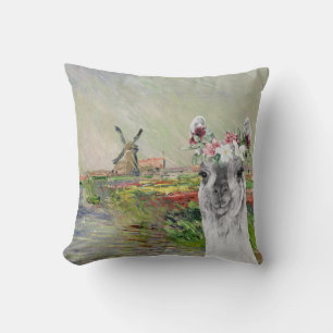 Monet Champ Tulipes and Fancy Llama Throw Pillow