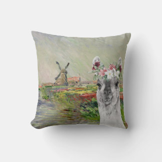 Monet Champ Tulipes and Fancy Llama Throw Pillow