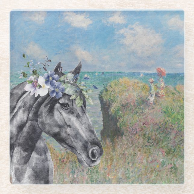 Monet Cliff Walk & Black Horse Compilation Glass Coaster (Front)