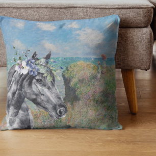 Monet Cliff Walk & Black Horse Compilation Throw Pillow
