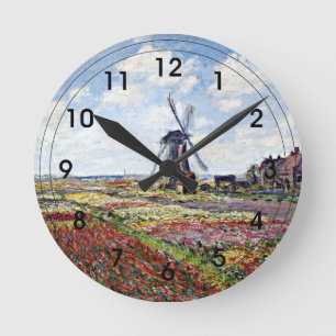 Monet - Fields of Tulips with Rijnsburg Windmill Round Clock