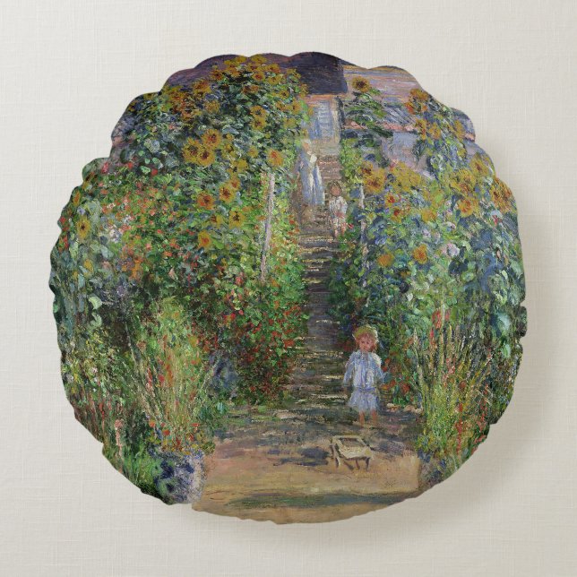 Monet Garden Vetheuil Impressionim Painting Round Pillow (Front)
