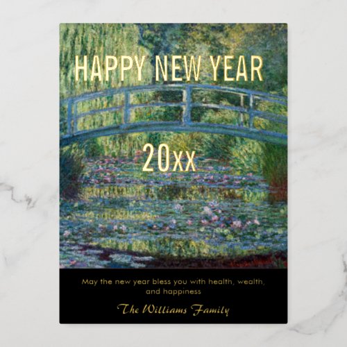 Monet _ Happy New Year and Water Lily pond Foil Holiday Postcard