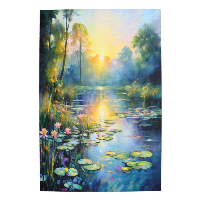Monet-Inspired Lily Pond at Sunrise Impressionist  Metal Print (Front)