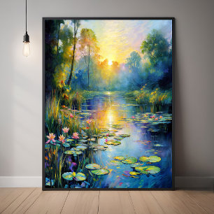 Monet-Inspired Lily Pond at Sunrise Impressionist  Poster
