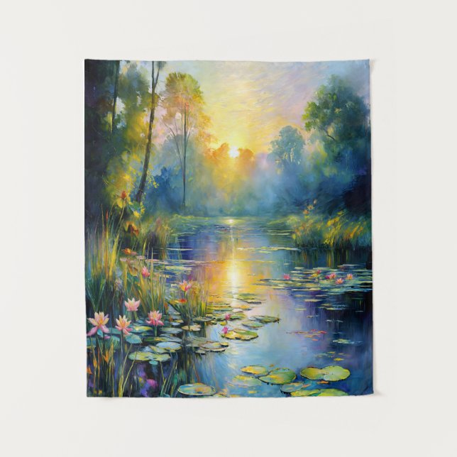 Monet-Inspired Lily Pond at Sunrise Impressionist  Tapestry (Front)