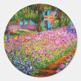 Monet Iris Garden Design with Pink Background Classic Round Sticker