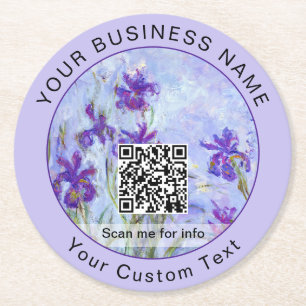 Monet - Lilac Irises / Iris Mauves - QR Code Round Paper Coaster