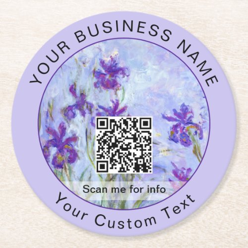 Monet _ Lilac Irises  Iris Mauves _ QR Code Round Paper Coaster