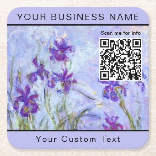 Monet _ Lilac Irises  Iris Mauves _ QR Code Square Paper Coaster