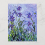 Monet Lilac Irises Postcard<br><div class="desc">Monet Lilac Irises postcard. Oil painting on canvas from 1917. Monet painted irises throughout his career, this is one of his final iris paintings and certainly one of his most haunting. The work is heavily impressionistic and the dark purple irises almost seem to be floating in water above their dark...</div>