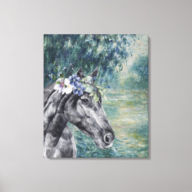 Monet Morning Seine and Black Horse Compilation Canvas Print (Front)