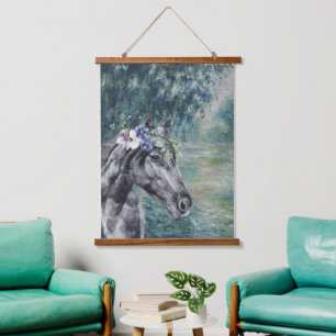 Monet Morning Seine and Black Horse Compilation  Hanging Tapestry