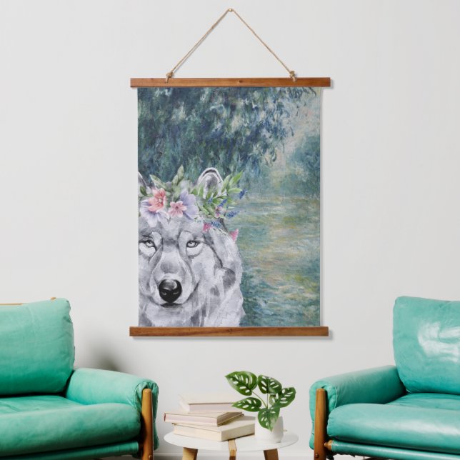 Monet Morning Seine and Gray Wolf  Hanging Tapestry (Living Room)