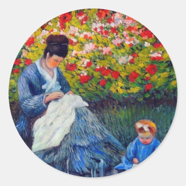 Monet Mother and Child in Garden Classic Round Sticker (Front)