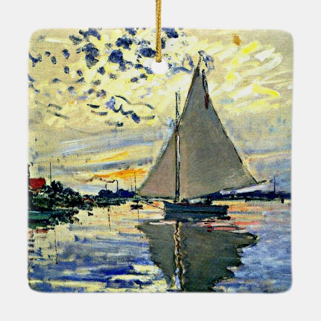 Monet - Sailboat at le Petit Gennevilliers Ceramic Ornament (Back)