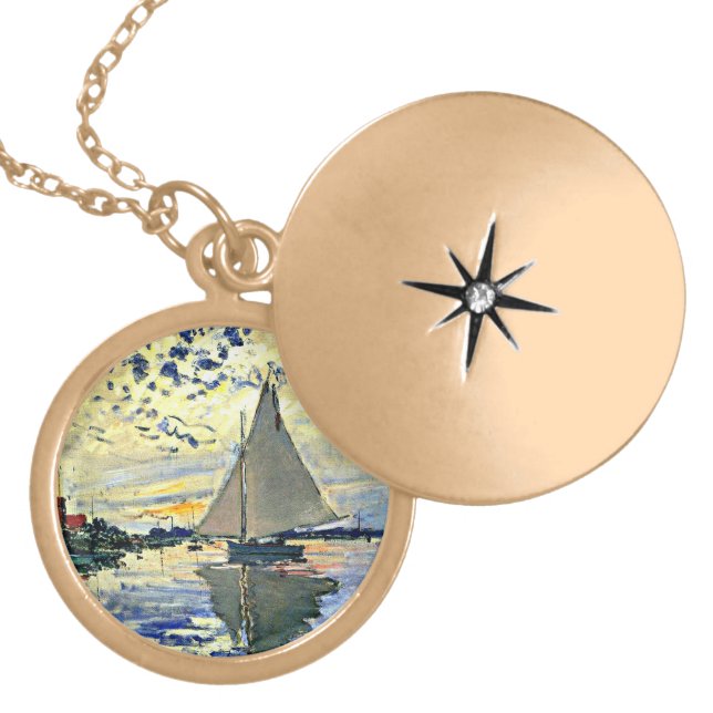 Monet - Sailboat at le Petit GENNEVILLIERS Gold Plated Necklace (Front)