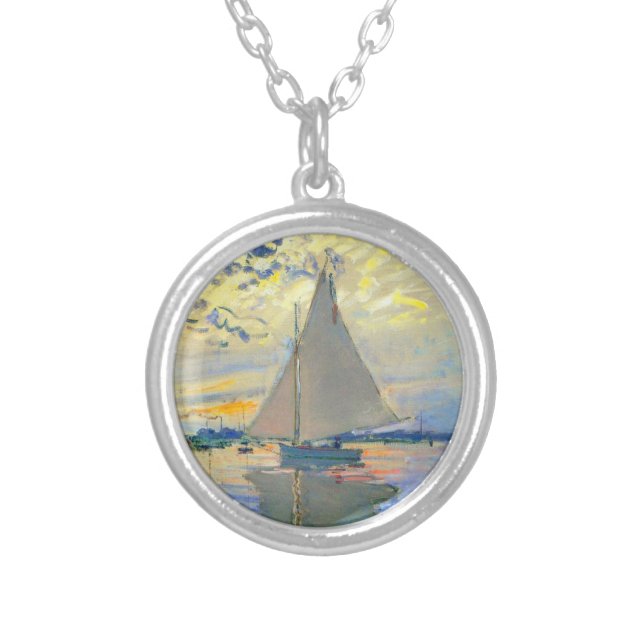 Monet Sailboat at Le Petit-Gennevilliers Silver Plated Necklace (Front)