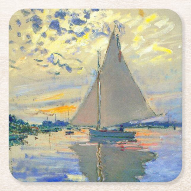 Monet Sailboat at Le Petit-Gennevilliers Square Paper Coaster (Front)