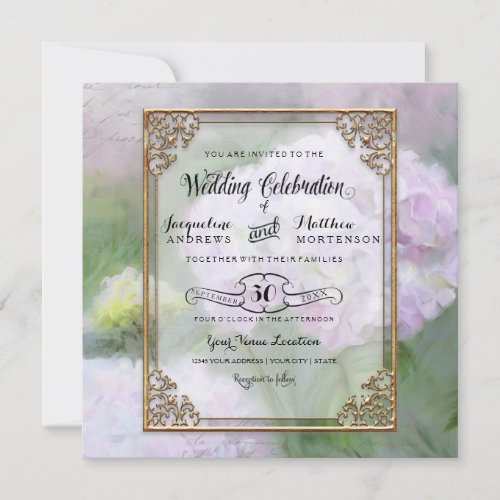 Monet Style Hydrangea Floral Art Gold Typography Invitation