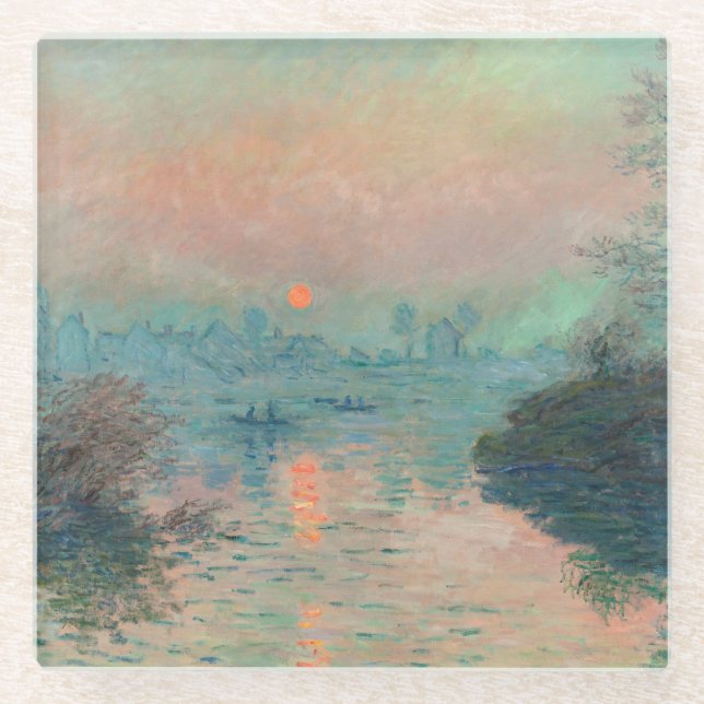 Monet Sunset Seine Fine Art Impressionism  Glass Coaster (Front)