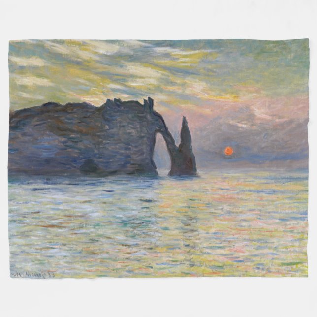 Monet - The Manneport, Cliff at Etretat, Sunset Fleece Blanket (Front (Horizontal))