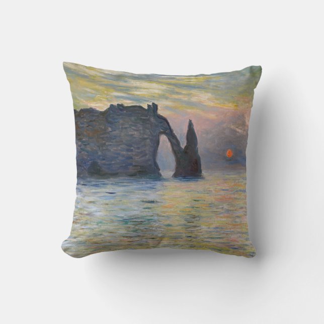 Monet - The Manneport, Cliff at Etretat, Sunset Throw Pillow (Front)