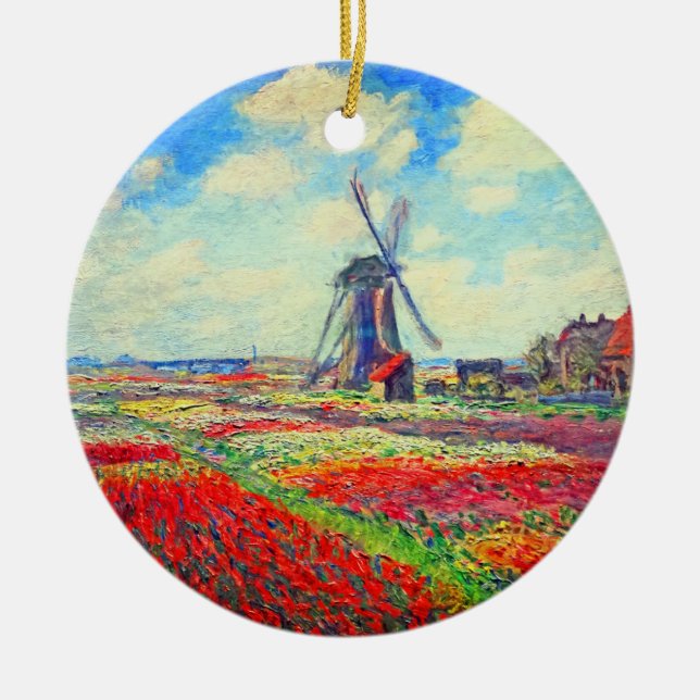 Monet Tulips Windmill Ceramic Ornament (Front)