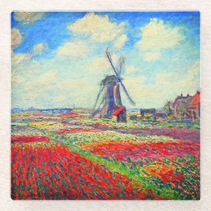 Monet Tulips Windmill Glass Coaster