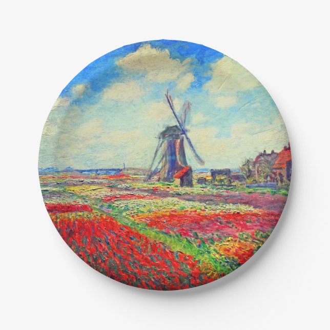 Monet Tulips Windmill Paper Plates (Front)