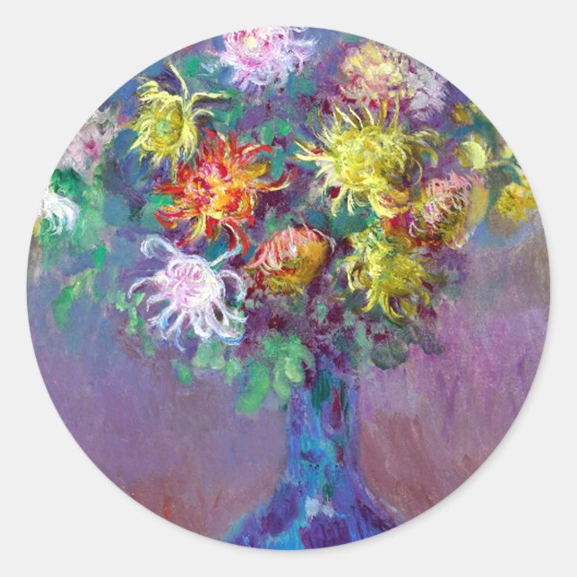 Monet Vase de Chrysanthemes Flowers Classic Round Sticker (Front)