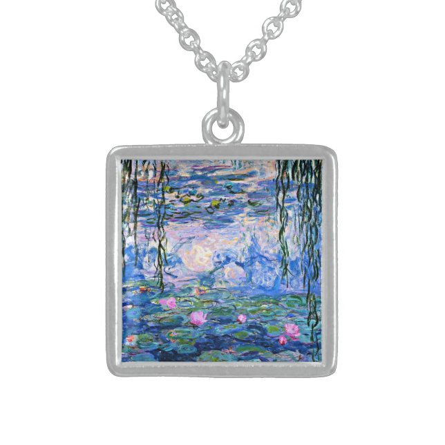 Monet: Water Lilies 1919, famous painting, Sterling Silver Necklace (Front)