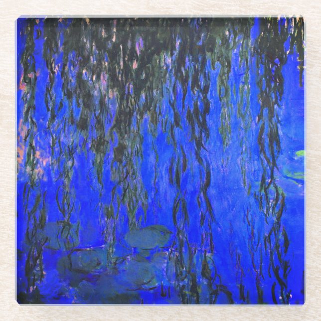 Monet Water Lilies and Weeping Willow Branches Glass Coaster (Front)