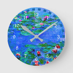 Monet - Water Lilies (Red), famous artwork Round Clock