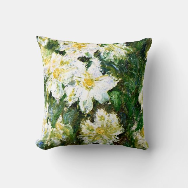 Monet - White Clematis, famous floral painting Throw Pillow (Front)