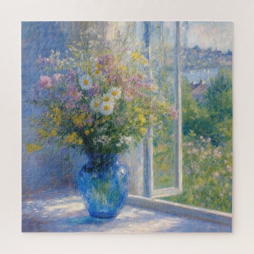 Monet Wildflower Bouquet in Blue Vase Jigsaw Puzzle