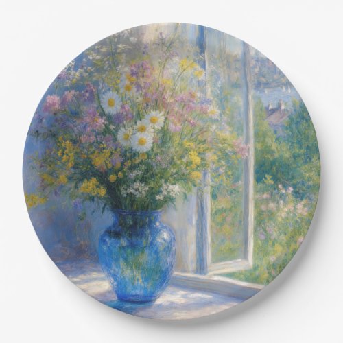 Monet Wildflower Bouquet in Blue Vase Paper Plates
