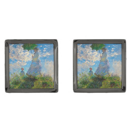 Monet Woman Parasol Impressionism Gunmetal Finish Cufflinks