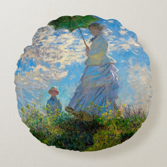Monet Woman Parasol Impressionism Round Pillow (Front)