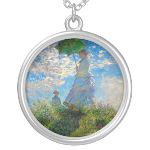 Monet Woman Parasol Impressionism Silver Plated Necklace