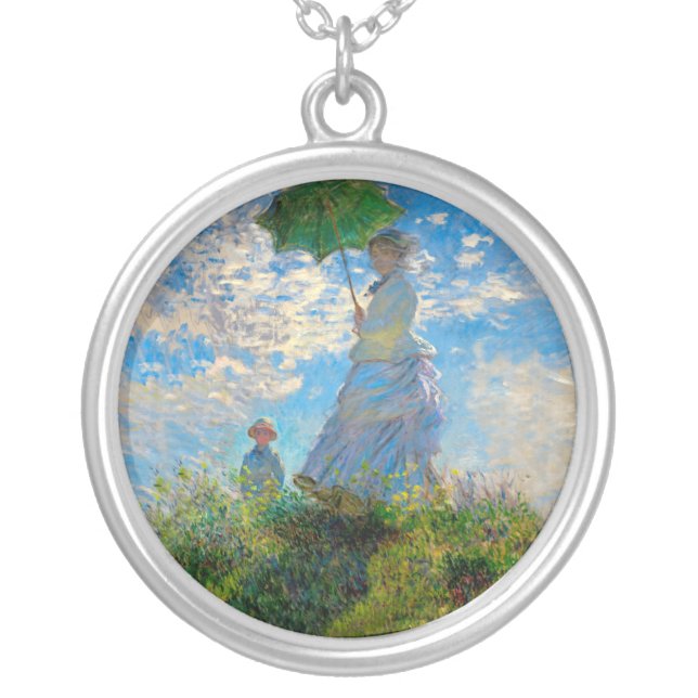 Monet Woman Parasol Impressionism Silver Plated Necklace (Front)